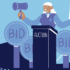 graphic shows a cartoon auctioneer at a podium with bid signs around